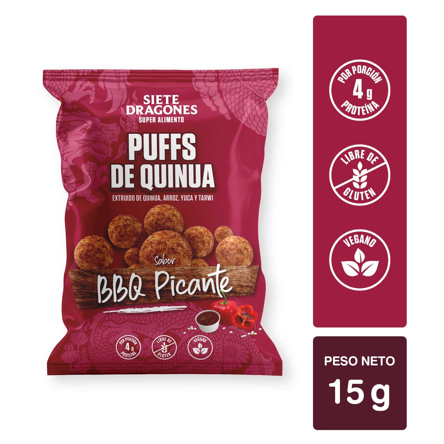 PUFF DE QUINUA SABOR BBQ PICANTE DE 15GR - SIETE DRAGONES