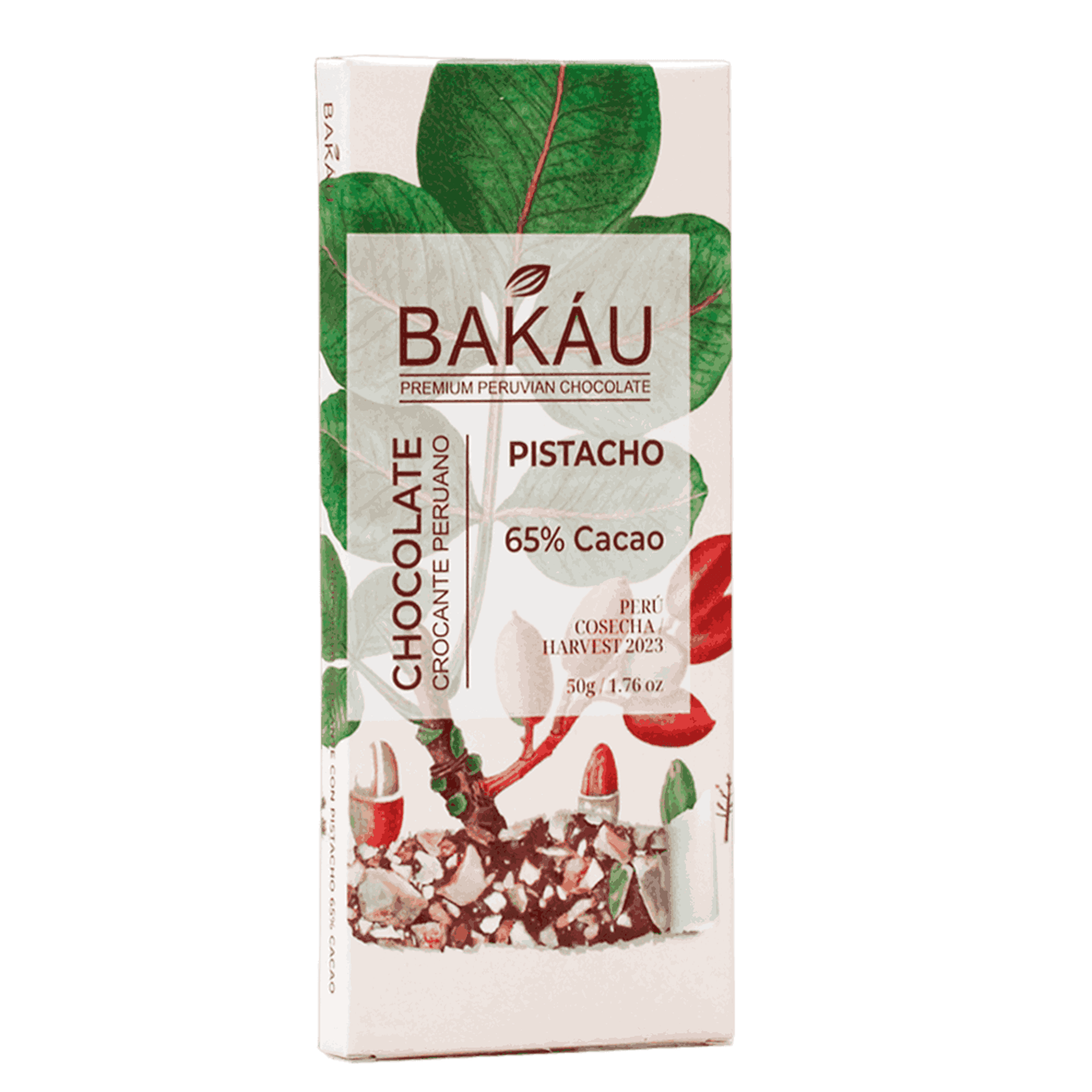 CHOCOLATE PISTACHO 65% CACAO BAKAU 50G.