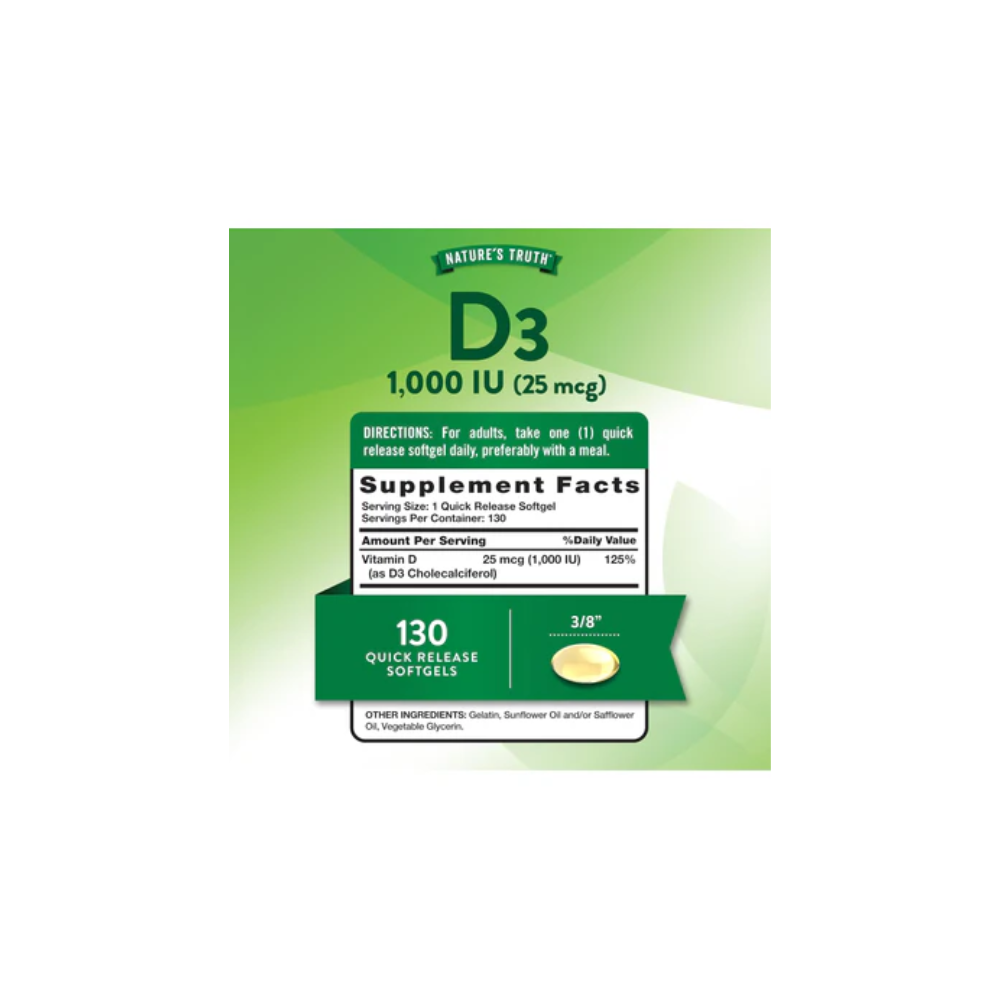D3 1000 IU 25MCG 130SOFTGELS NATURES TRUTH