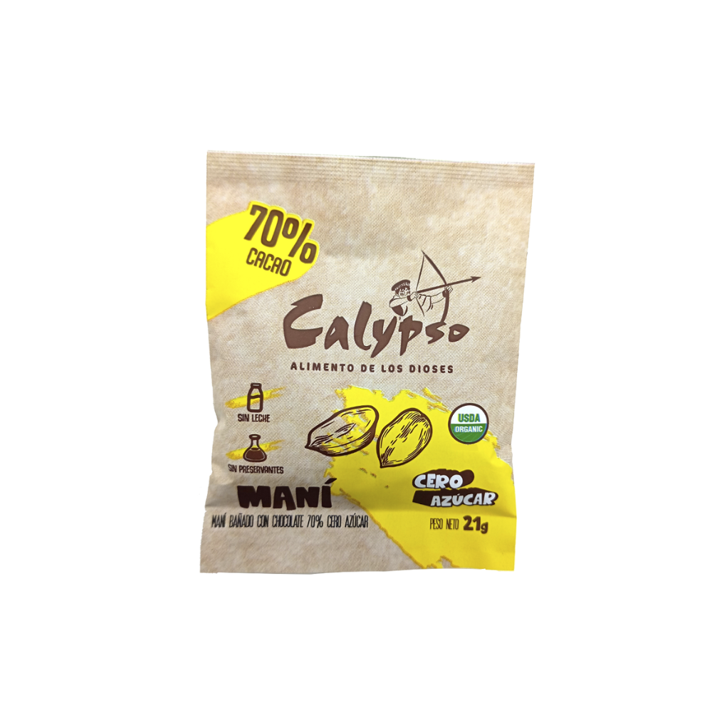 MANI BAÑADO CON CHOCOLATE 70% CALYPSO 21GR CERO AZÚCAR