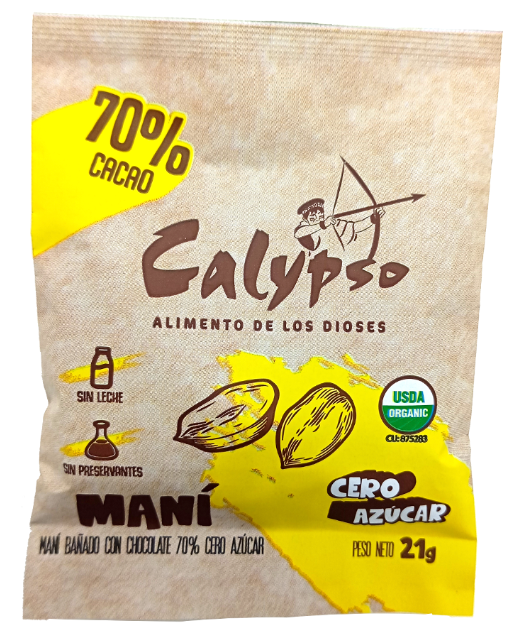 MANI BAÑADO CON CHOCOLATE 70% CALYPSO 21GR CERO AZÚCAR