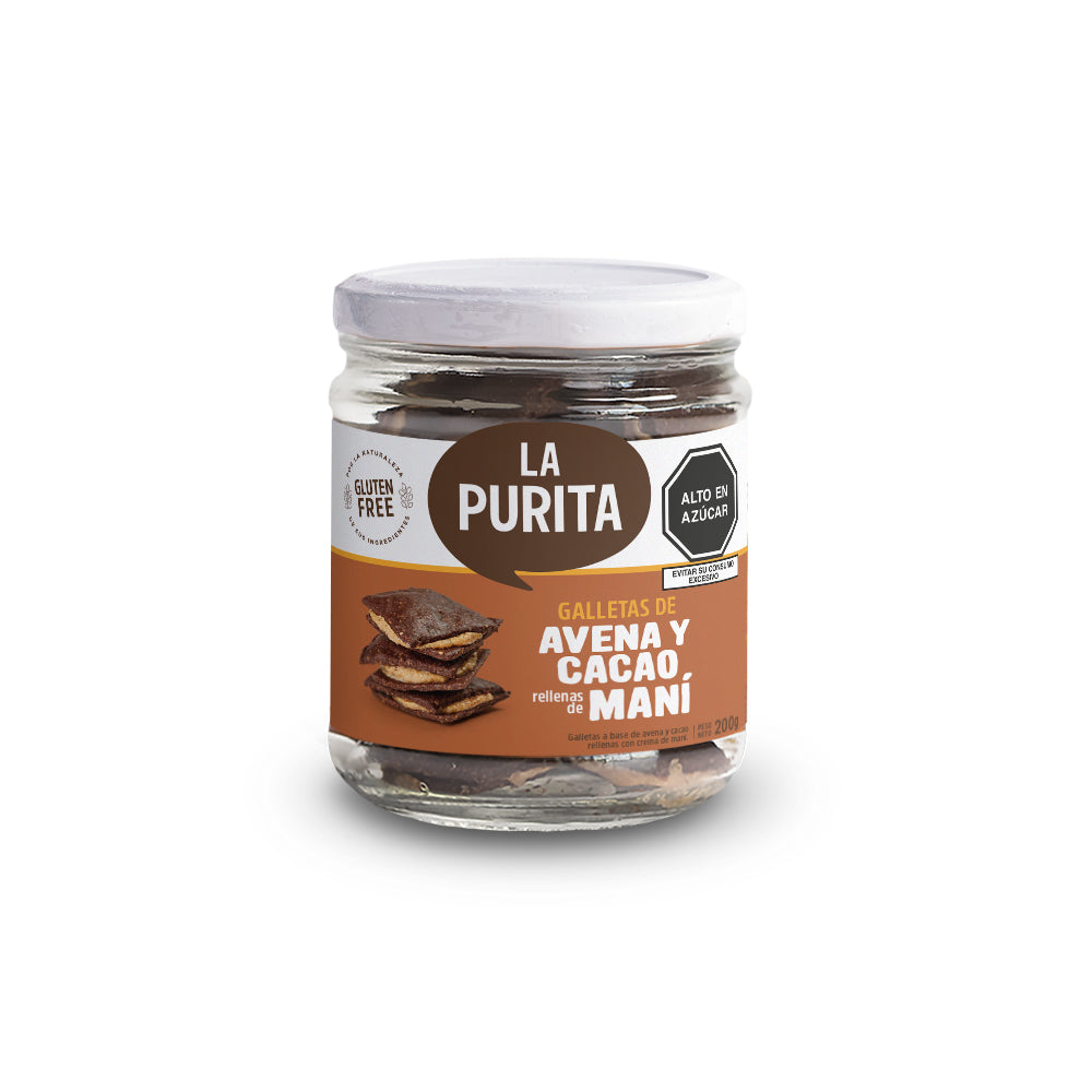 FRASCO DE GALLETAS DE AVENA Y CACAO RELLENAS DE MANÍ