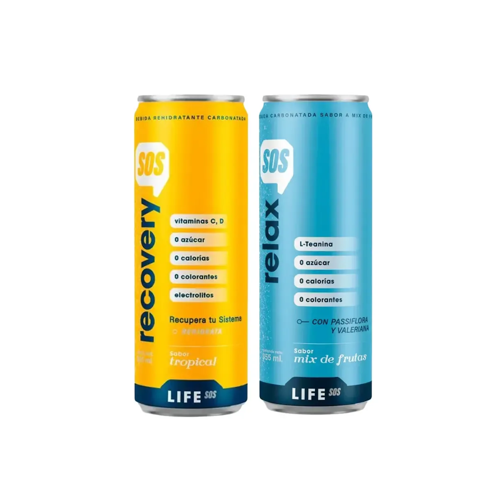 Pack (1 Rehidratante Life SOS Recovery Sabor Tropical + 1 Rehidratante Life SOS Relax Sabor Mix de Frutas) Lata 355ml
