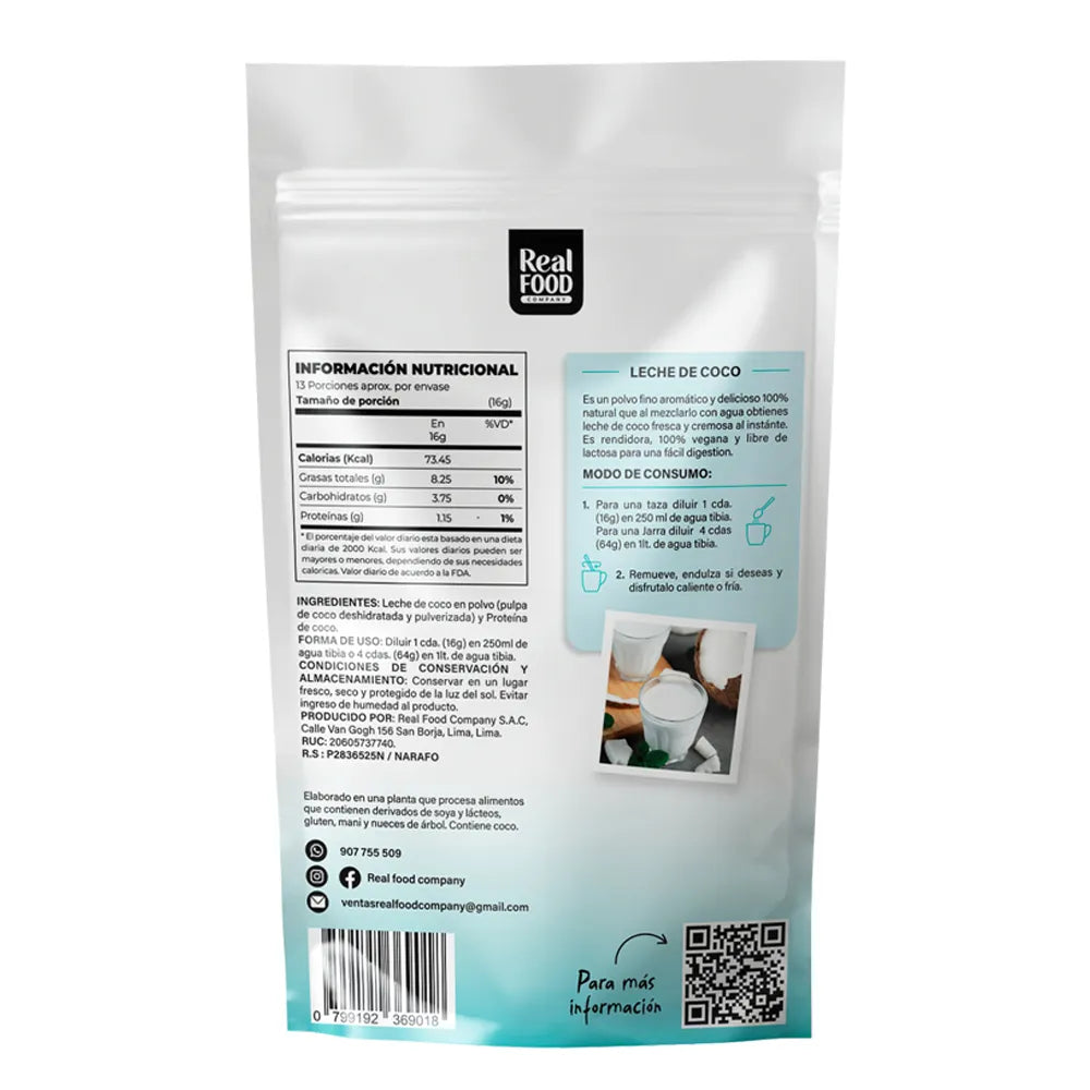 LECHE DE COCO EN POLVO 200GR REAL FOOD