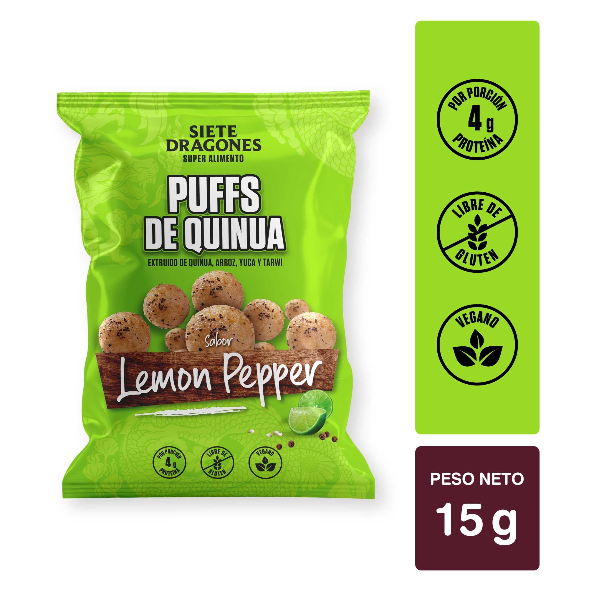 PUFF DE QUINUA SABOR LEMON PEPPER DE 15GR - SIETE DRAGONES