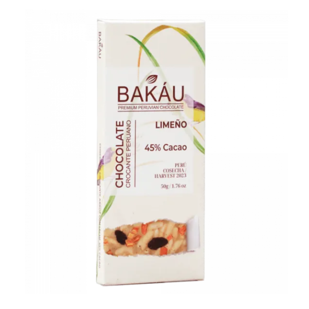 CHOCOLATE CROCANTE LIMEÑO 45% CACAO 50 GR - BAKÁU