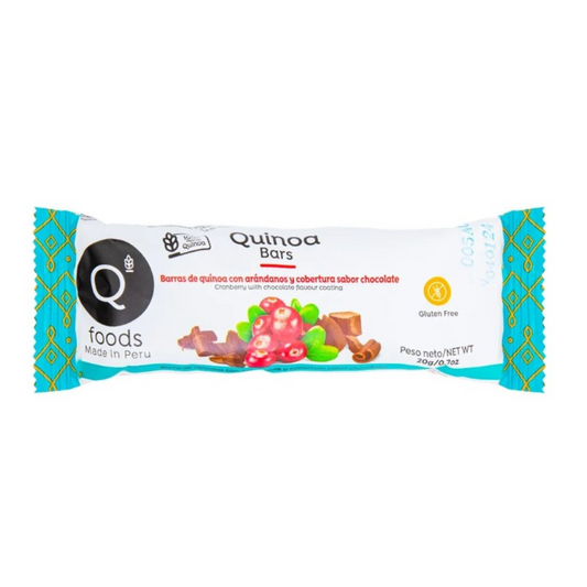 BARRA DE QUINOA CON ARANDANOS Y COBERTURA SABOR CHOCOLATE 20 GR - QFOODS