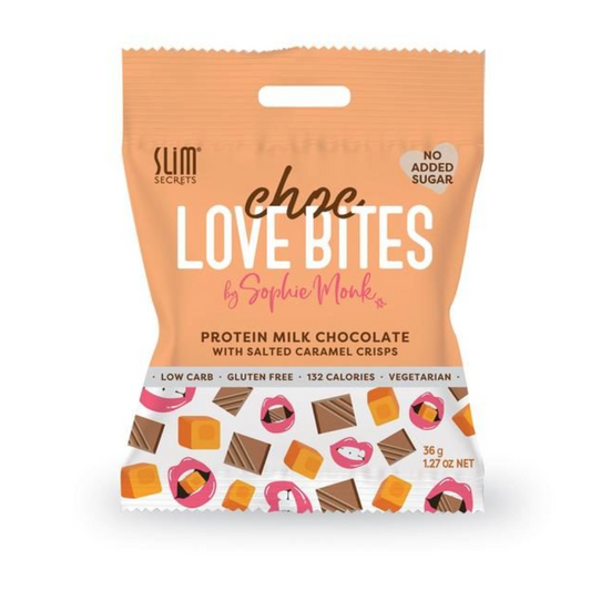LOVE BITES PREOTEIN MILK CHOCOLATE WITH SALTED CARAMEL CRISPS 36 GR - SLIM SECRETS