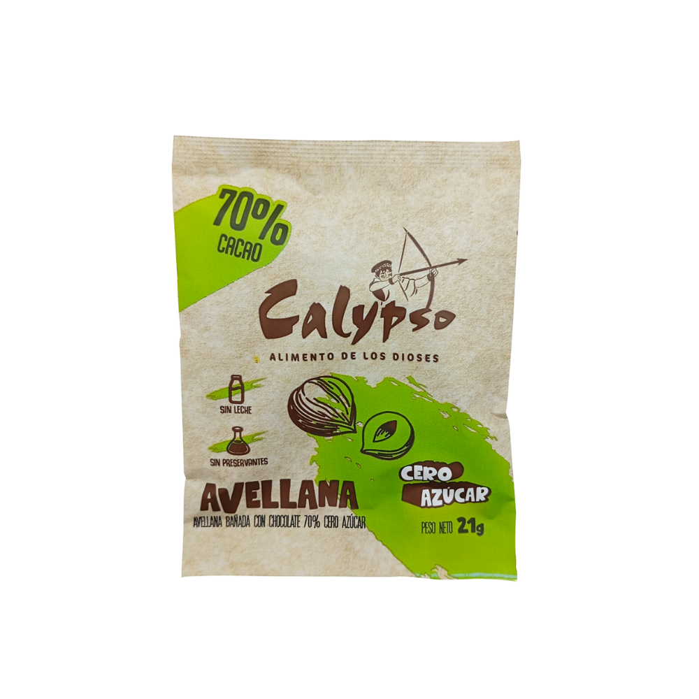 AVELLANA BAÑADO CON CHOCOLATE 70% 	CALYPSO	21GR CERO AZÚCAR