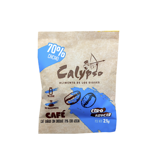 CAFE BAÑADO CON CHOCOLATE 70% 	CALYPSO	21GR  CERO AZÚCAR