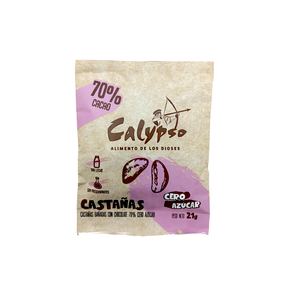 CASTAÑAS BAÑADO CON CHOCOLATE 70% 21GR CERO AZÚCAR CALYPSO