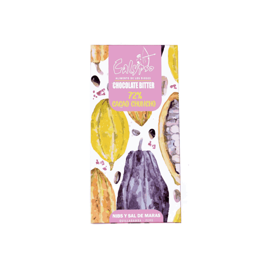 CHOCOLATE BITTER 72% CACAO CON SAL Y NIBS CALYPSO 50G