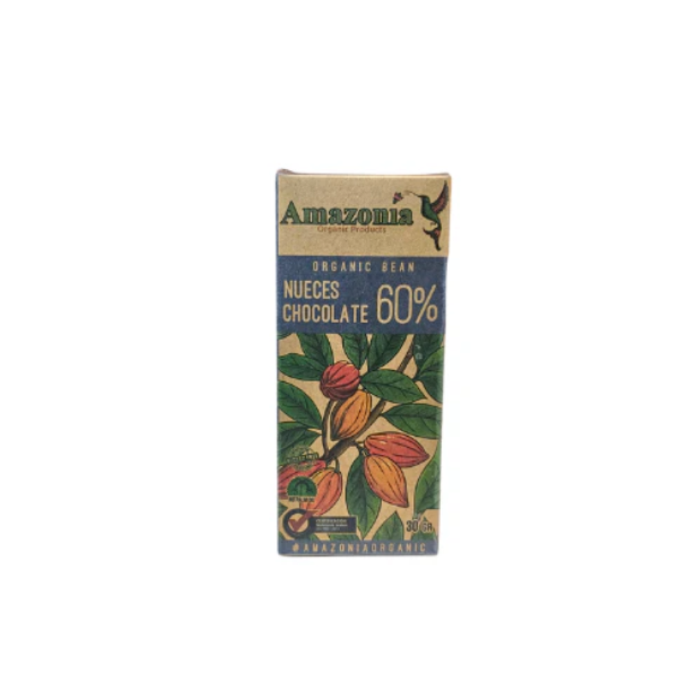 CHOCOLATE BITTER CON 60% CACAO CON NUECES ORGANICO 90 GR - AMAZONIA