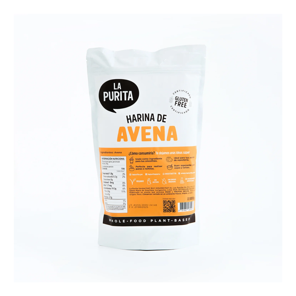 HARINA DE AVENA SIN GLUTEN 800 GR - LA PURITA