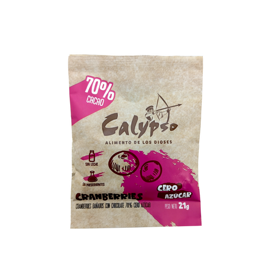 CRANBERRIES BAÑADO CON CHOCOLATE 70% 	CALYPSO 21GR CERO AZÚCAR