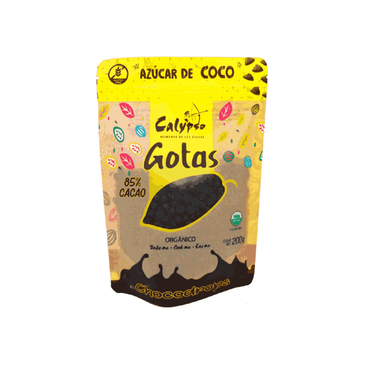 GOTAS 85% CACAO CON AZUCAR DE COCO CALYPSO 200G