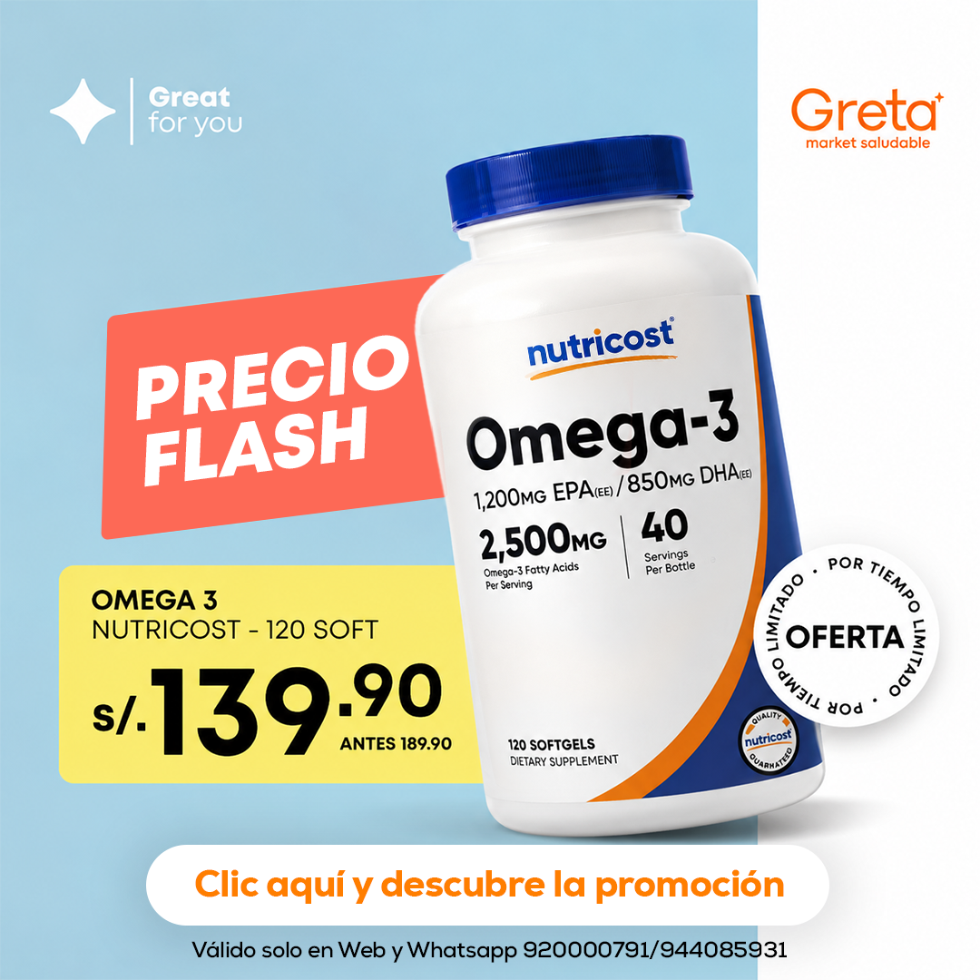 Precio flash: Omega 3 Nutricost 120 softgels a S/ 139.90, antes S/ 189.90