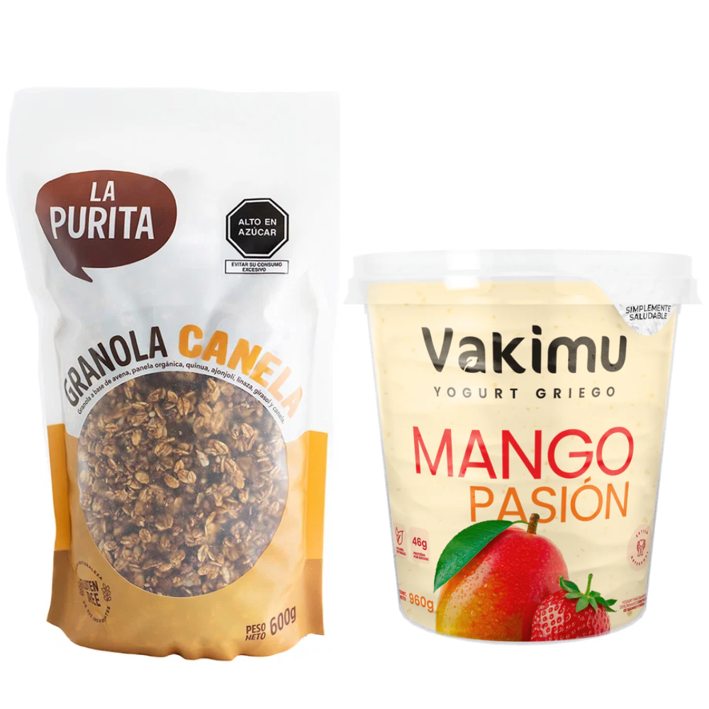 PACK  DESAYUNO (YOGURT  VAKIMU MANGO  960 GR + GRANOLA CANELA 600GR LA PURITA)