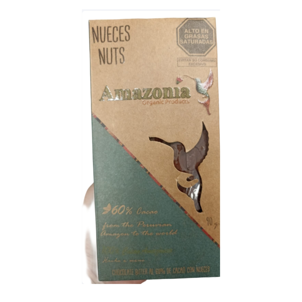 CHOCOLATE BITTER CON 60% CACAO CON NUECES ORGANICO 90 GR - AMAZONIA