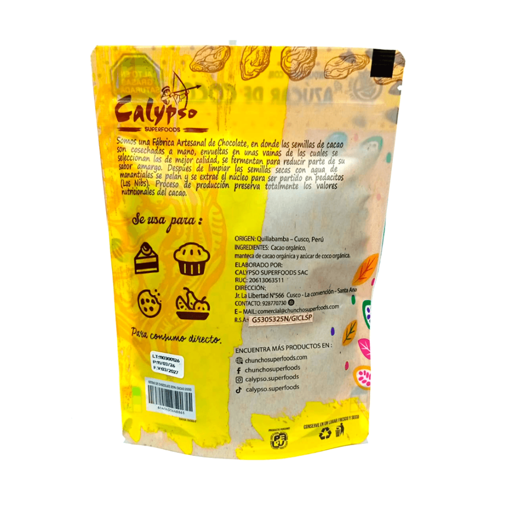 GOTAS 85% CACAO CON AZUCAR DE COCO CALYPSO 200G