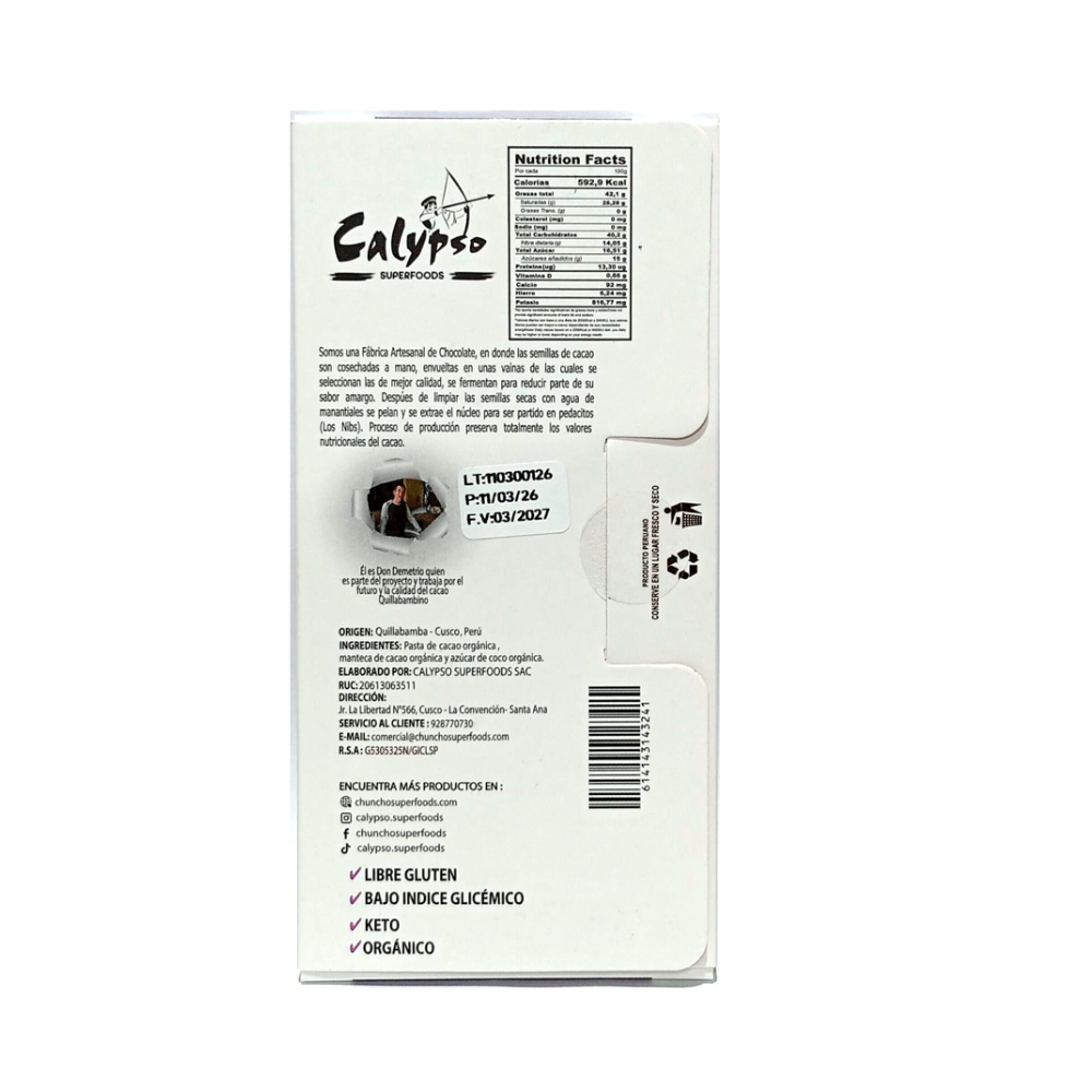 CHOCOLATE BITTER 85% ENDULZADO CON AZUCAR DE COCO CALYPSO 50G