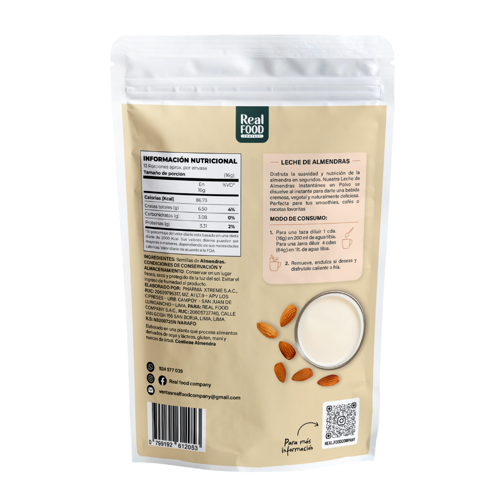 LECHE DE ALMENDRAS X 200G REAL FOOD