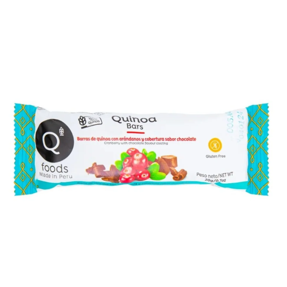 BARRA DE QUINOA CON ARANDANOS Y COBERTURA SABOR CHOCOLATE 20 GR - QFOODS