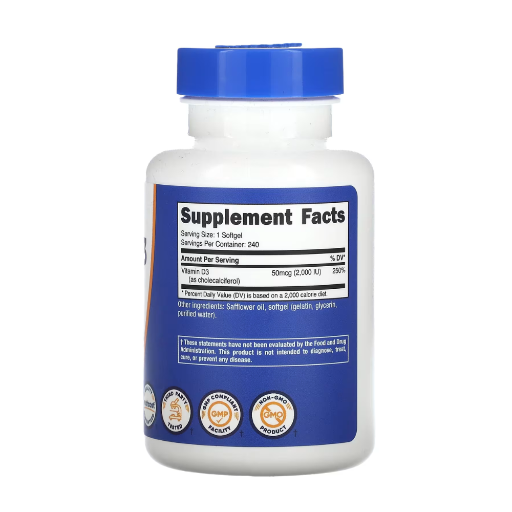 VITAMIN D3, 2000 UI, 240 Softgels. NUTRICOST