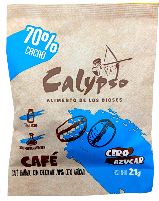 CAFE BAÑADO CON CHOCOLATE 70% 	CALYPSO	21GR  CERO AZÚCAR