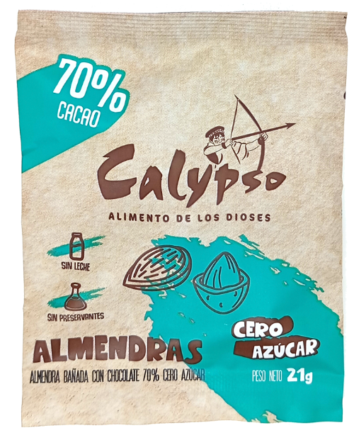 ALMENDRAS BAÑADO CON CHOCOLATE 70% 	CALYPSO	21GR CERO AZÚCAR