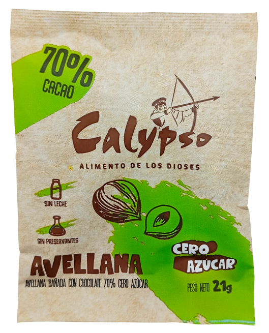 AVELLANA BAÑADO CON CHOCOLATE 70% 	CALYPSO	21GR CERO AZÚCAR