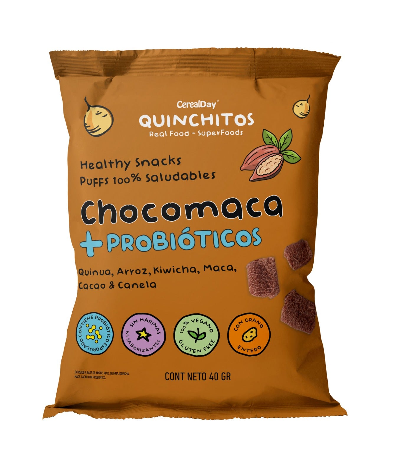 SNACK SALUDABLE CHOCOMACA QUINCHITOS CEREALDAY MULTIDEFENSE PUFF C/PROBIOT Y BETAGLUCAN BOPP CRISTAL / BOPP METALIZADO X 40 GR-QUINCHITOS